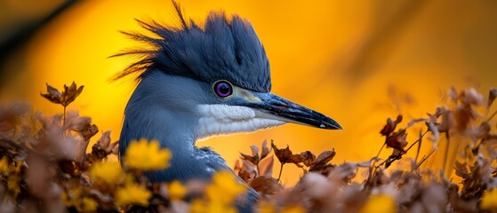 Canvas Print -  A bird perched in a bush, surrounded by yellow flowers in the foreground Behind it, a yellow light glows