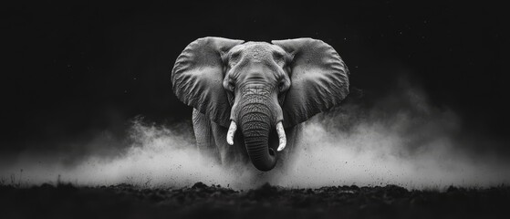 Wall Mural -  A black-and-white image of an elephant with its tusks curving backward from its rear end