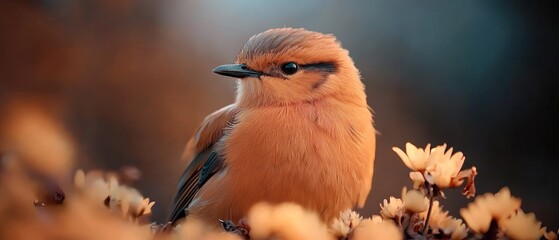 Wall Mural -  A tight shot of a small bird perched on a branch, surrounded by flowers in the foreground, and a softly blurred background