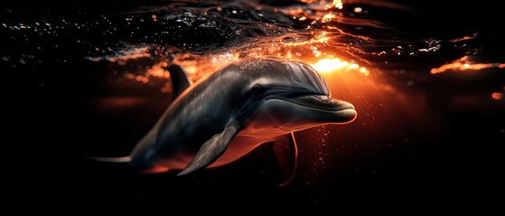 Poster -  A tight shot of a dolphin submerged, light illuminating its side