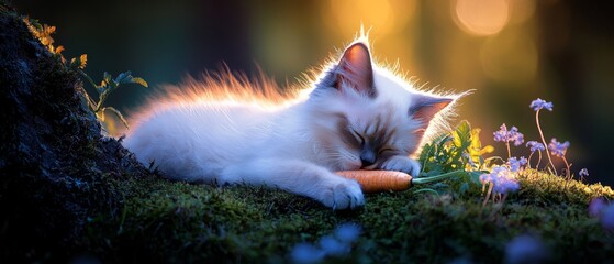 Canvas Print -  A white cat atop a lush green field, beside a mound of verdant grass and purple blooms