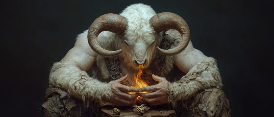 Canvas Print -  A ram with horns, holding a torch in one hand and a bee in the other