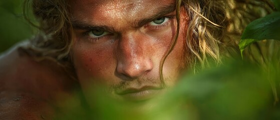 Canvas Print -  A tight shot of a man with lengthy locks and intense green gaze fixated on the lens