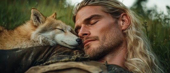 Poster -  A man with long hair and beard hugs a wolf, eyes shut, face near chest