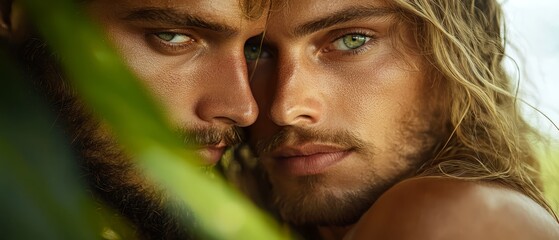 Wall Mural -  A tight shot of a man with lengthy locks and a dense beard gazing intently into the camera, conveying a grave expression