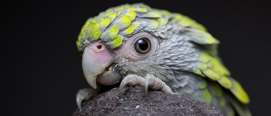 Poster -  A tight shot of a small bird, its head adorned with yellow and green feathers, perched atop a rock