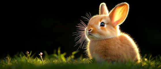 Wall Mural -  A tiny rabbit in the grass, ears erect, eyes fixed on the camera