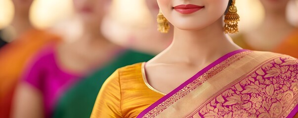 A close-up of a woman wearing a vibrant diwali saree, showcasing intricate design and traditional jewelry, with blurred figures in colorful attire in the background.