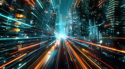 Canvas Print - A vibrant cityscape with dynamic light trails, suggesting high-speed movement through a futuristic urban environment.