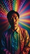 © Nemanja - Asian man wearing iridescent jacket against vibrant, psychedelic background