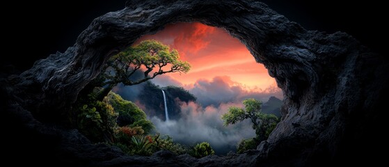 Wall Mural -  A tree painting in a cavern, sunset backdrop; waterfall from cave's heart