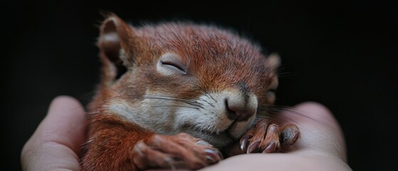 Wall Mural -  A tight shot of a hand cradling a small squirrel within its palm