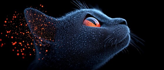 Sticker -  A tight shot of a cat's face featuring a red glow emanating from its left eye