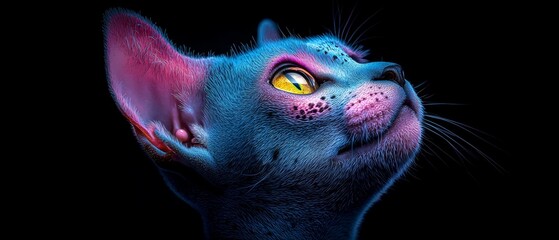 Wall Mural -  A tight shot of a feline's face, its eyes radiating brilliant yellow against a dark backdrop