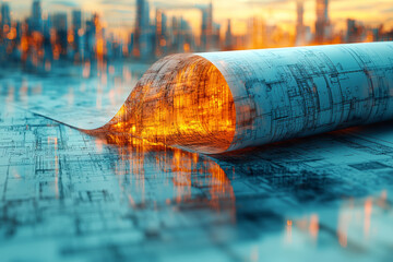 Fototapete - An architect's form intertwined with blueprints, representing the vision and creation of new spaces through double exposure.