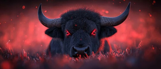 Sticker -  A tight shot of a bull with intense red eyes gazes from a grassy field against a backdrop of a fiery red sky