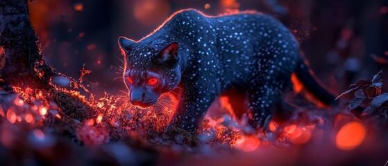 Poster -  A tight shot of a feline in a verdant expanse of grass, its eyes emitting a scarlet glow