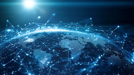 Connecting the world through advanced networks. Interwoven lines and points represent global business and connectivity. Blue futuristic backdrop featuring Earth highlights the digital age