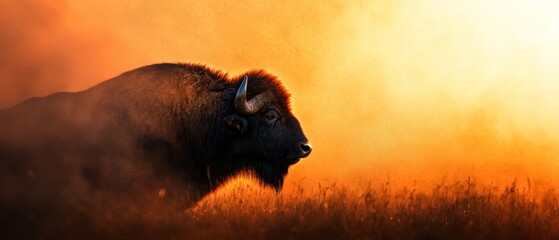 Canvas Print -  A bison silhouetted against a backdrop of tall grass Yellow and orange hues dominate the sky, dotted with cloud formations