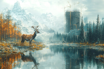 Canvas Print - A wildlife scene with one half showing animals in their natural habitat, and the other half showing a construction site encroaching on the environment, symbolizing habitat loss.