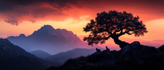 Wall Mural -  A solitary tree crowns a mountain peak against a backdrop of red and purple sky Mountain range in background