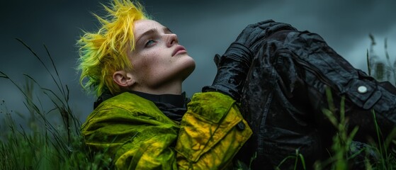 Poster -  A woman with yellow hair lies in the grass, wearing a black jacket over her shoulder