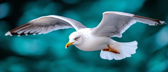 Wall Mural -  A white bird in flight, wings spread wide, head turned aside