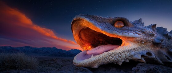 Wall Mural -  A tight shot of a dragon's head against a backdrop of clouds and a star-studded night sky