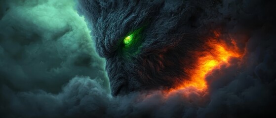 Sticker -  A tight shot of a monstrous visage, its eyes aglow with radiant green light amidst the murky night sky, obscured by smoke and swirling clouds