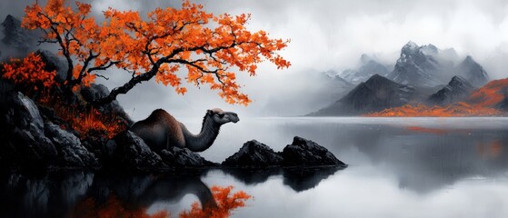 Poster -  A camel rests atop a rock by a water body, framed by distant mountain ranges