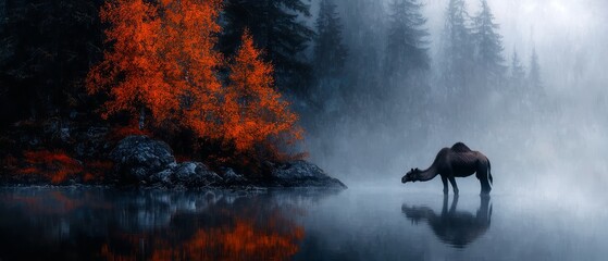 Poster -  A moose stands in a body of water, surrounded by trees and enshrouded in fog