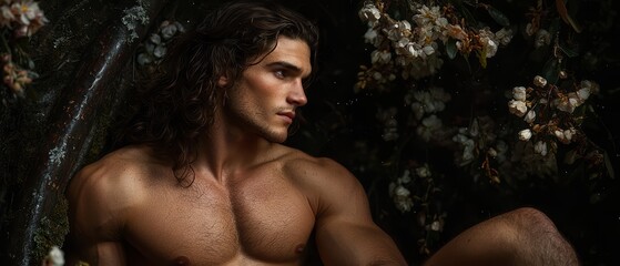 Wall Mural -  A man, shirtless and long-haired, sits before a tree adorned with white blooms