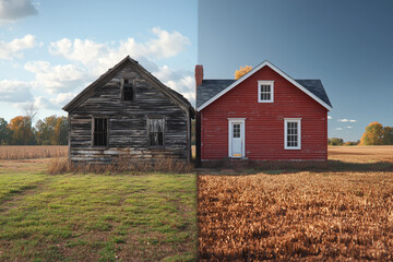 Poster - A split scene with half showing an old, dilapidated wooden house and the other side showing a newly renovated modern home, contrasting past and present.