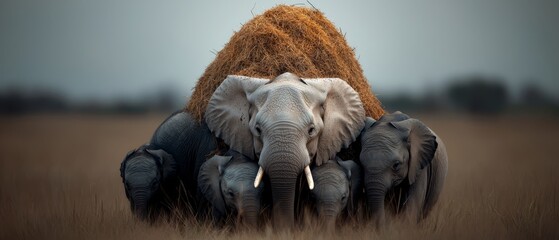 Canvas Print -  A collection of elephants align in a field of towering grass, a stack of hay lies behind them