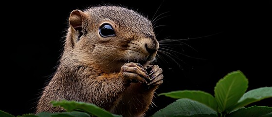 Wall Mural -  A tight shot of a squirrel nibbling on food atop a leafy plant against a black backdrop