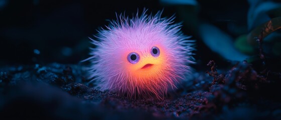 Poster -  A tight shot of a fluffy animal on a mound of soil, surrounded by a backdrop of blue and pink lights