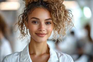 Poster - A smiling businesswoman holding a tablet in an open office space, symbolizing modern workplace technology.
