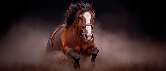 Poster -  A brown and white horse gallops through a field of tall grass on a dark, foggy morning