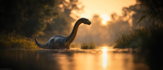 Sticker -  A tight shot of a dinosaur submerged in water, surrounded by trees in the distance, and a sun casting golden rays overhead