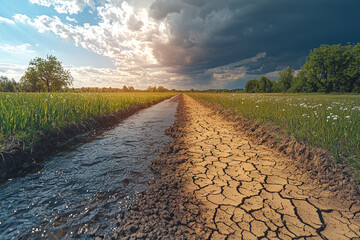 Wall Mural - A river flowing on one side of the frame, while the other half shows the riverbed dried up, representing water abundance versus scarcity.