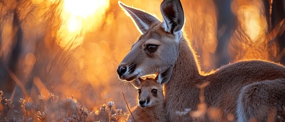 Canvas Print -  A tight shot of a deer and its fawn in an emerald expanse of grass, framed by the golden sun behind