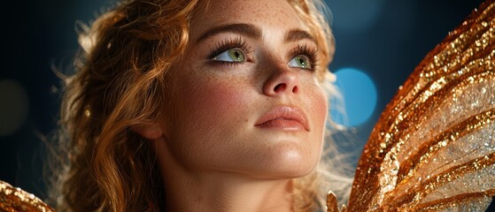 Poster -  A woman with a golden butterfly wing accessory on her shoulder is depicted in a close-up shot The background showcases a clear, blue sky