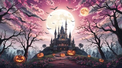 Wall Mural - halloween night scene with bats, pumpkins, moon light with castle background