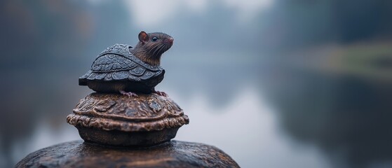 Sticker -  A statue portrays a bird perched atop another statue of a bird, which rests atop yet another statue of a bird