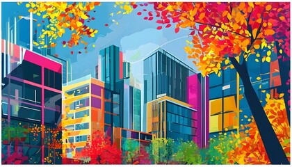 dynamic urban scenery with abstract architecture and lush foliage in vivid hues for contemporary des