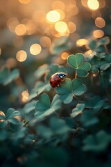 Ladybug on shamrock leaves with golden bokeh effect on a blurred background, a natural lucky charm symbolizing good luck. Generative AI