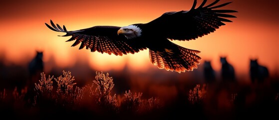 Poster -  A black-and-white eagle against a red, orange sunset Forest of trees in the foreground, grass beneath