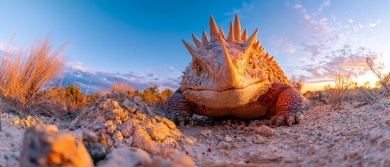 Canvas Print -  A tight shot of a lizard atop dirt, surrounded by a blue sky and scattered clouds