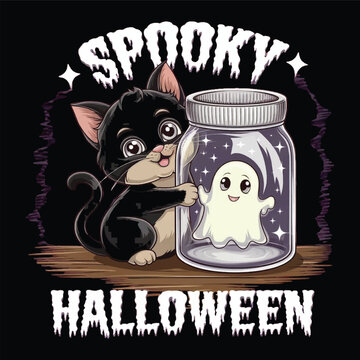 Spooky Halloween T-Shirt Graphic – Adorable Kitten and Ghost in Jar