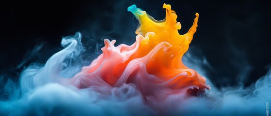 Poster -  An orange-yellow liquid spouts from a blue container, surrounded by white and yellow fogging steam